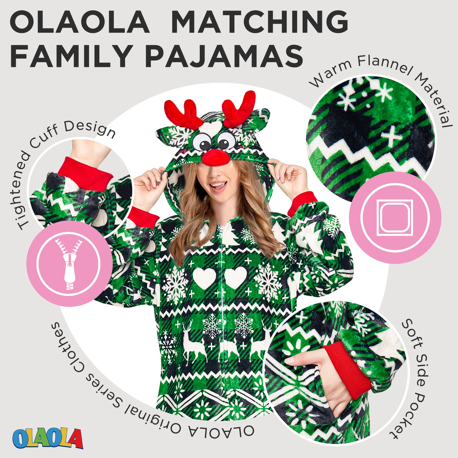 OLAOLA Kids Green Elk Printed Pajamas Plush Animals Onesie Sleepwear Christmas Party Suit