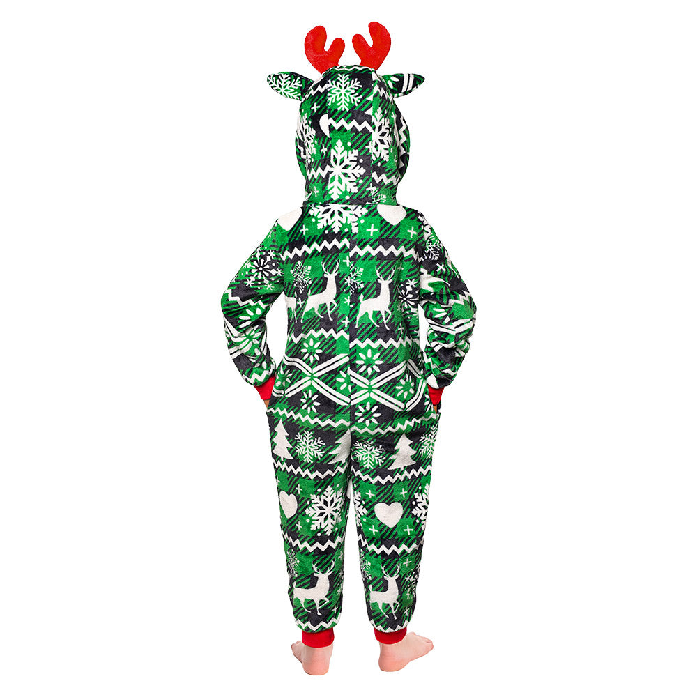 OLAOLA Kids Green Elk Printed Pajamas Plush Animals Onesie Sleepwear Christmas Party Suit
