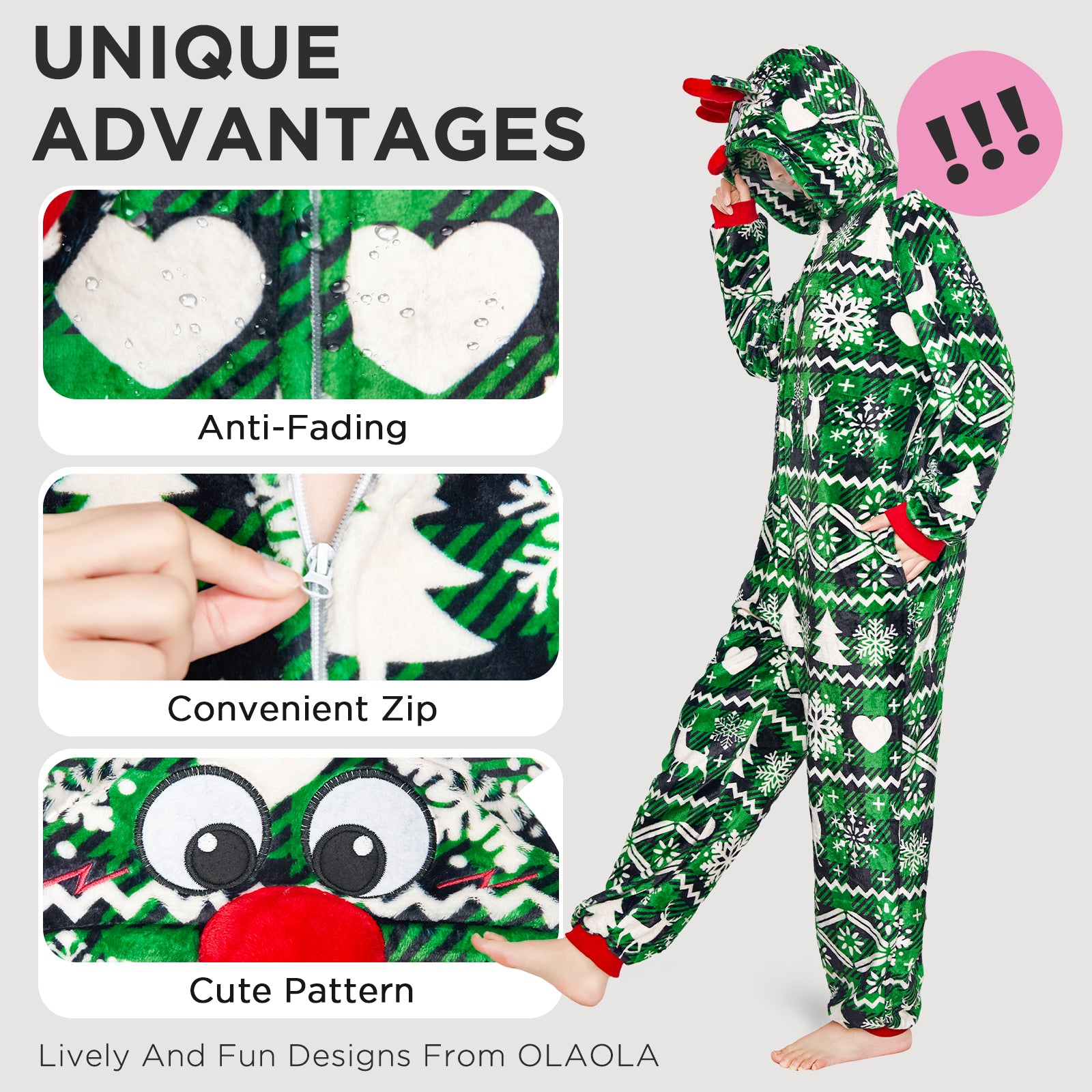 OLAOLA Kids Green Elk Printed Pajamas Plush Animals Onesie Sleepwear Christmas Party Suit