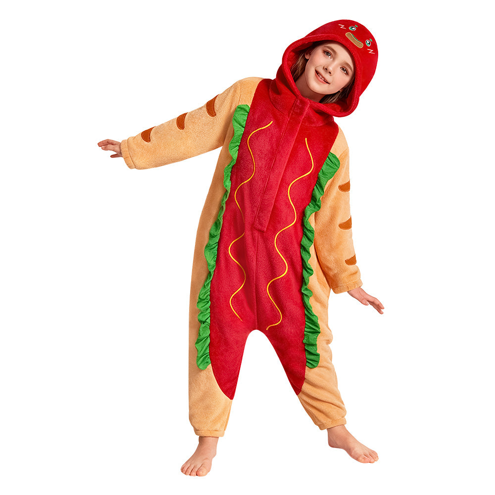 OLAOLA Kids Hot Dog Food Pajamas Children Jumpsuit Costume Soft Cozy Flannel Onesie Halloween Christmas Cosplay Costume