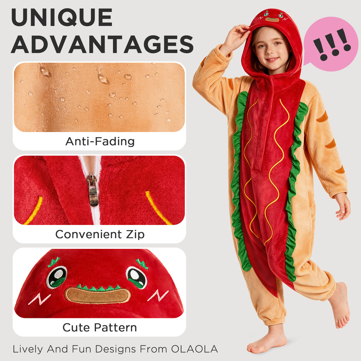 OLAOLA Kids Hot Dog Food Pajamas Children Jumpsuit Costume Soft Cozy Flannel Onesie Halloween Christmas Cosplay Costume