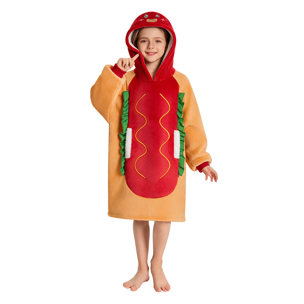OLAOLA Kids Hot Dog Wearable Blanket Hoodie Oversized Food Onesie Soft Warm Cozy Homewear With Pocket For Children Halloween Christmas Costume
