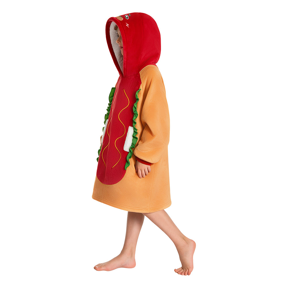 OLAOLA Kids Hot Dog Wearable Blanket Hoodie Oversized Food Onesie Soft Warm Cozy Homewear With Pocket For Children Halloween Christmas Costume