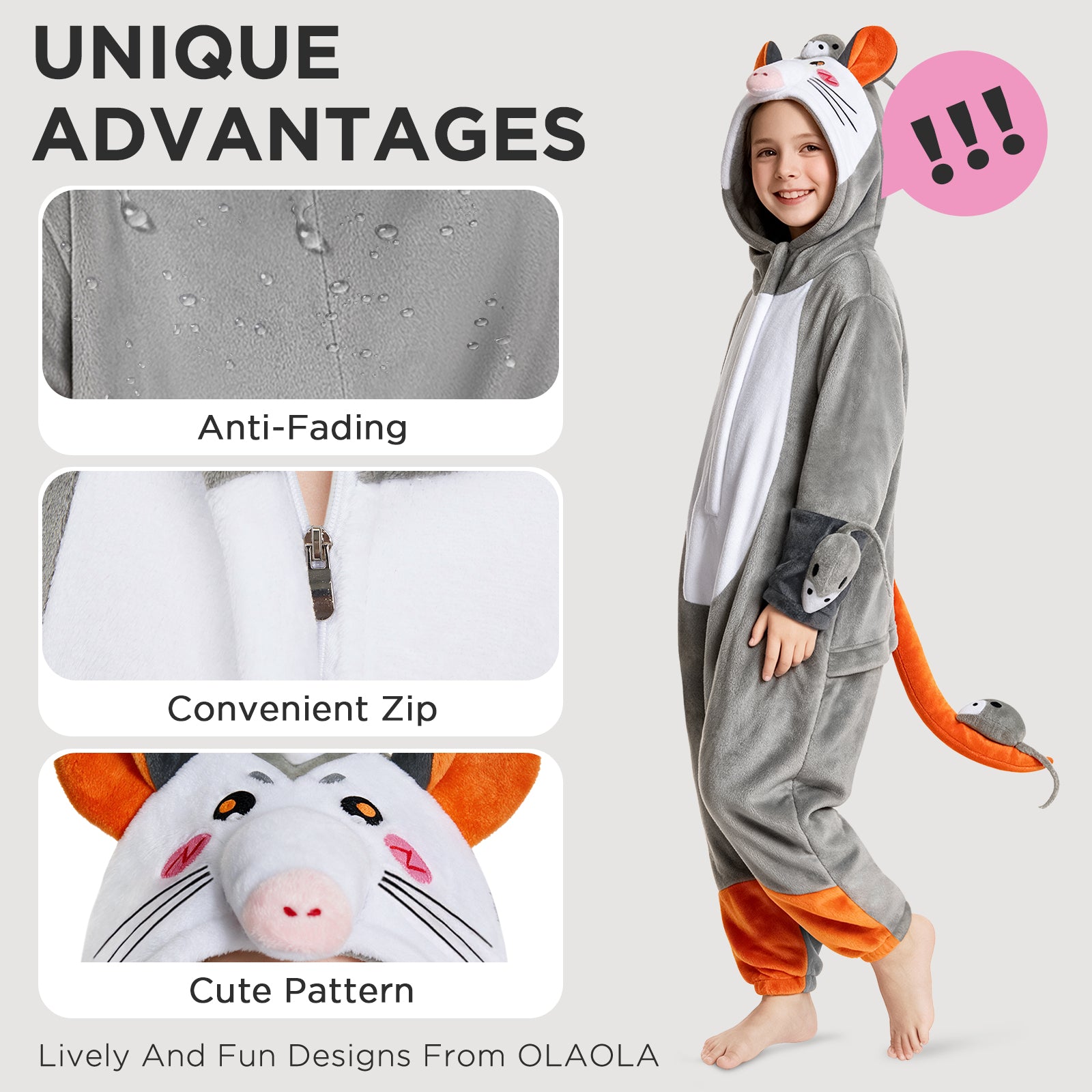 OLAOLA Kids Opossum Animal Onesie Children Pajamas Soft Cozy Flannel Jumpsuit Halloween Christmas Cosplay Costume