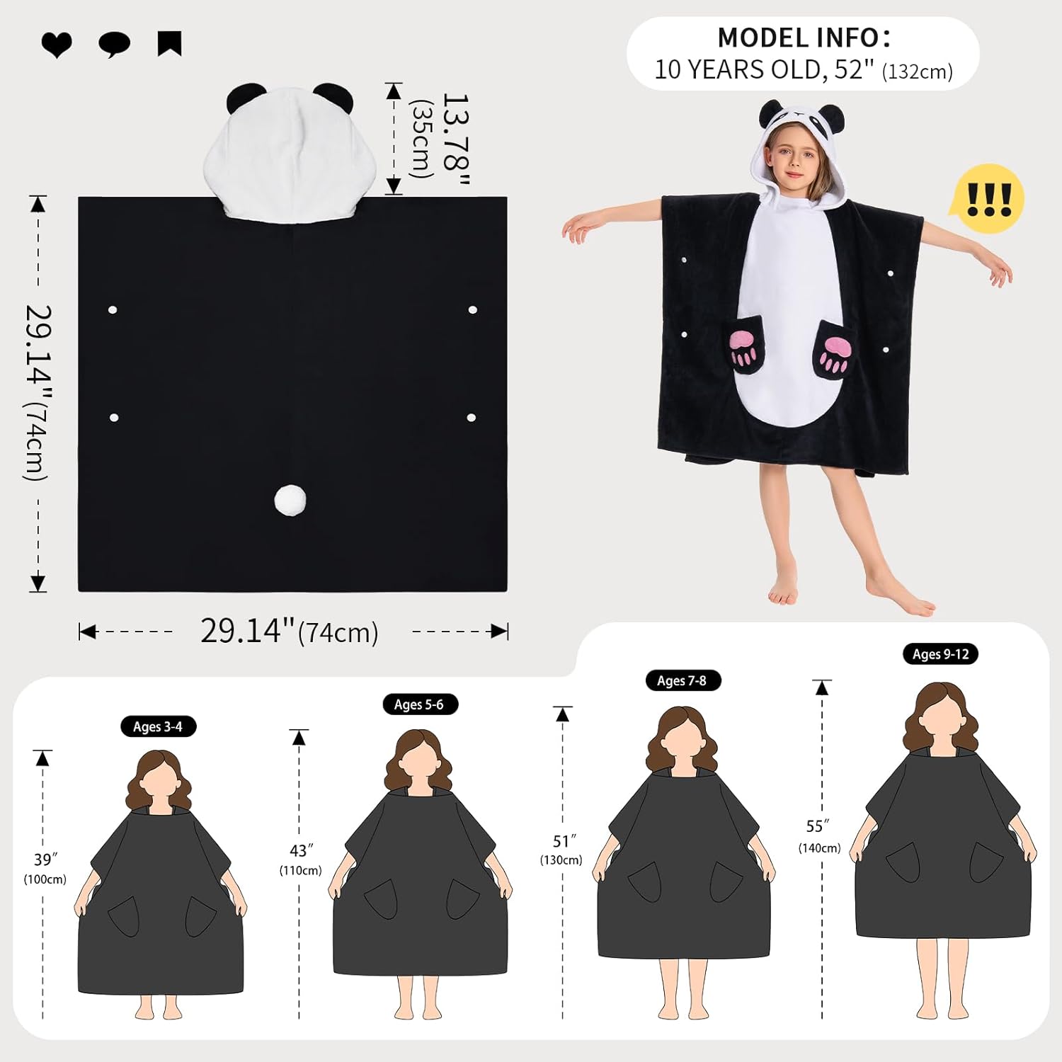 OLAOLA Kids Panda Bathrobe Blanket Animal Onesie Beach Towels Soft Absorbent Coral Fleece Pool Swim Towel