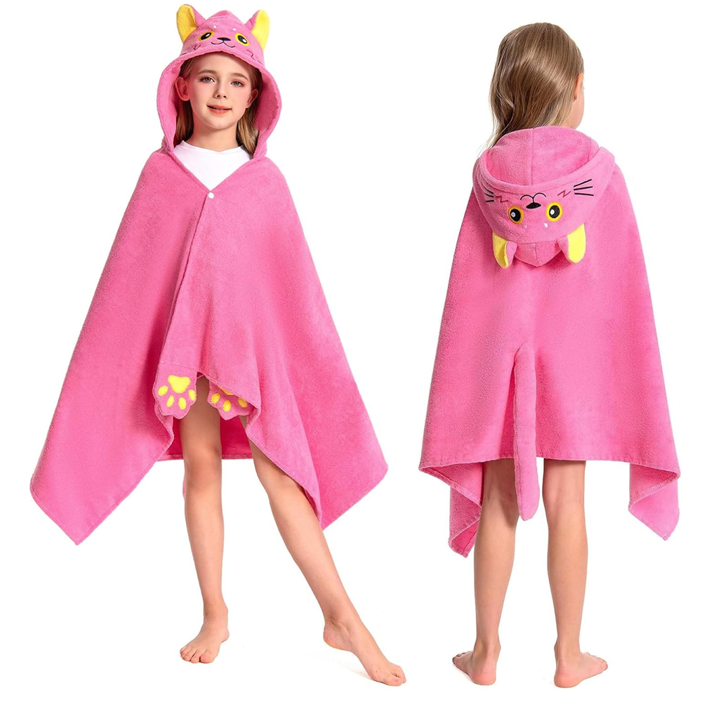 OLAOLA Kids Pink Cat Animal Beach Towels Blanket Plush Soft Absorbent Microfibre Outdoor Homewear Bath Hooded