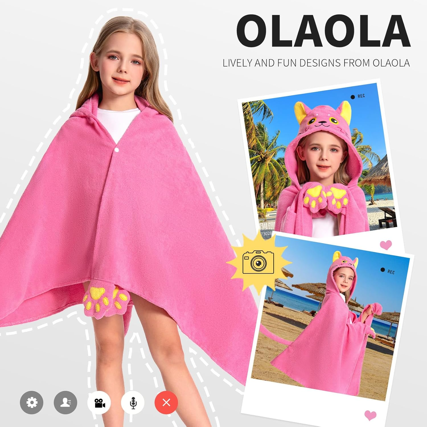 OLAOLA Kids Pink Cat Animal Beach Towels Blanket Plush Soft Absorbent Microfibre Outdoor Homewear Bath Hooded