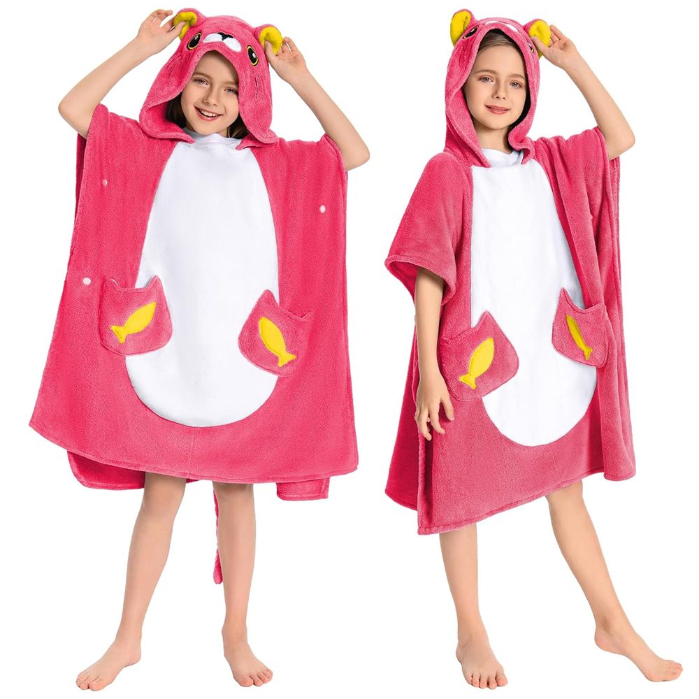 OLAOLA Kids Pink Cat Bathrobe Blanket Animal Onesie Beach Swim Towels Soft Absorbent Coral Fleece Pool Swim Towel