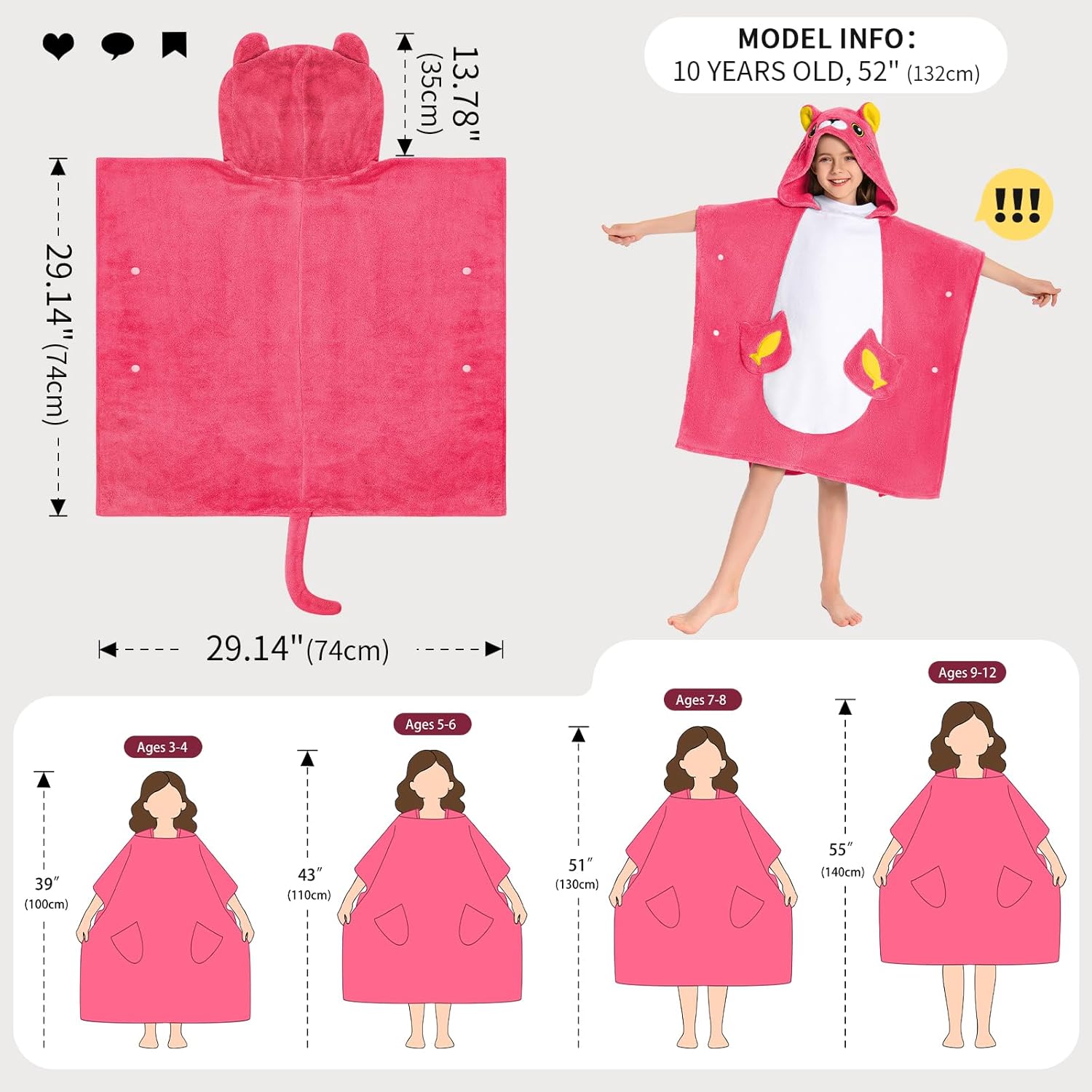 OLAOLA Kids Pink Cat Bathrobe Blanket Animal Onesie Beach Swim Towels Soft Absorbent Coral Fleece Pool Swim Towel