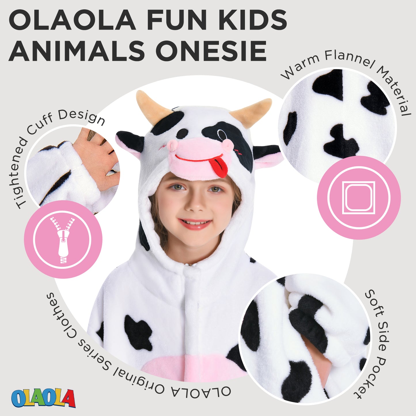 OLAOLA Kids Pink Cow Animal Onesie Plush Soft Flannel Warm Home Pajamas One-Piece Sleepwear