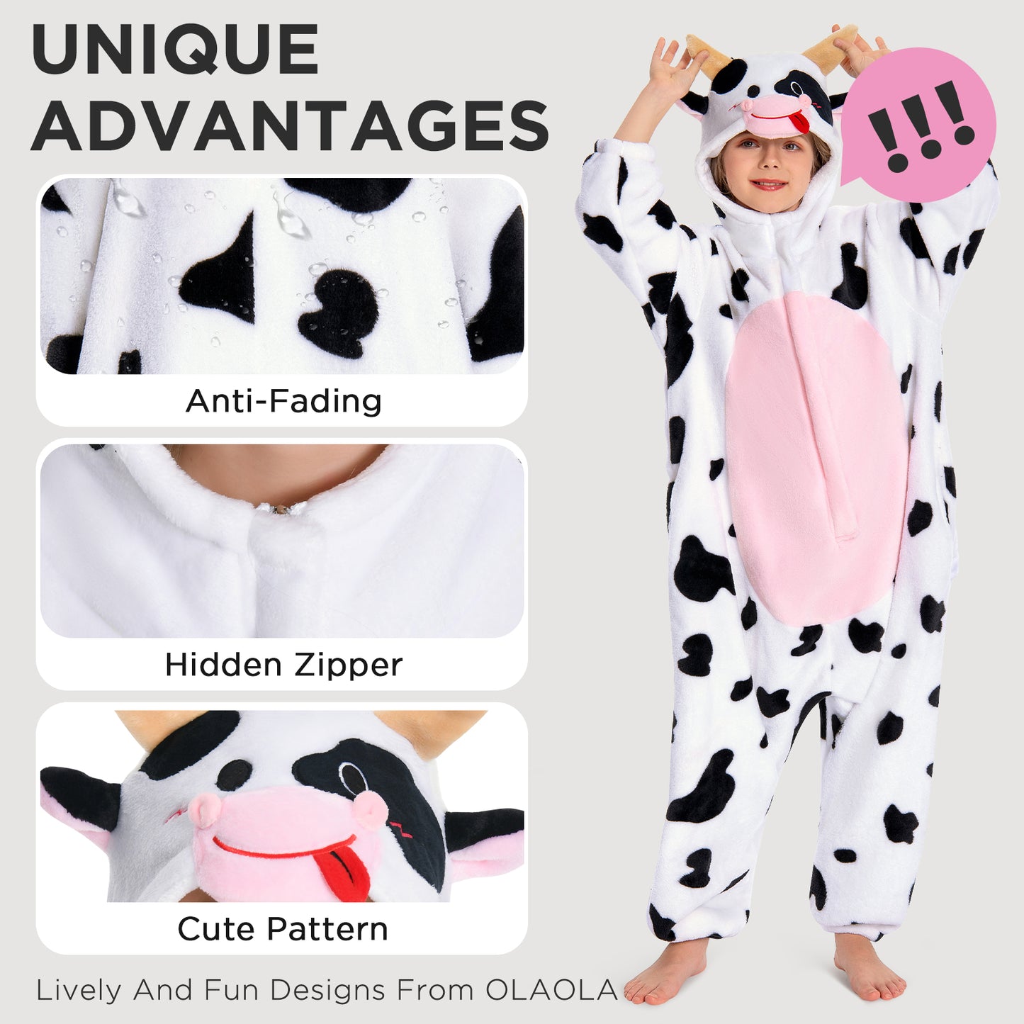OLAOLA Kids Pink Cow Animal Onesie Plush Soft Flannel Warm Home Pajamas One-Piece Sleepwear