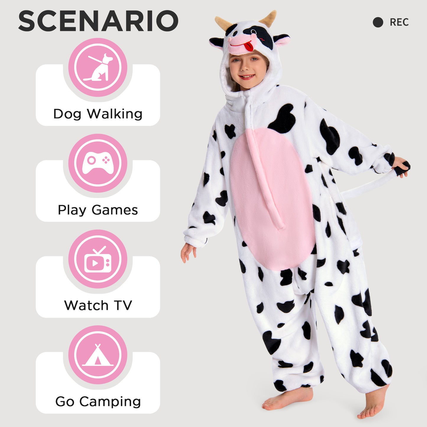 OLAOLA Kids Pink Cow Animal Onesie Plush Soft Flannel Warm Home Pajamas One-Piece Sleepwear