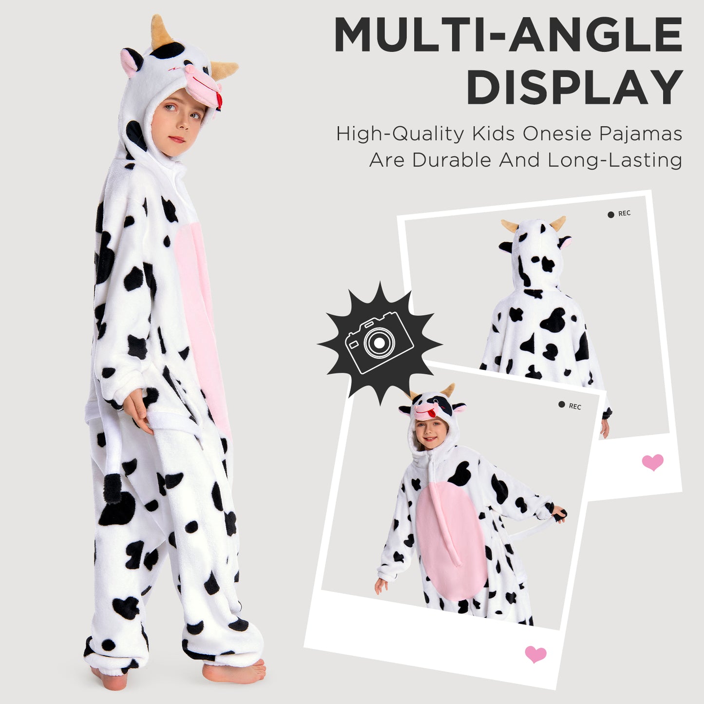 OLAOLA Kids Pink Cow Animal Onesie Plush Soft Flannel Warm Home Pajamas One-Piece Sleepwear