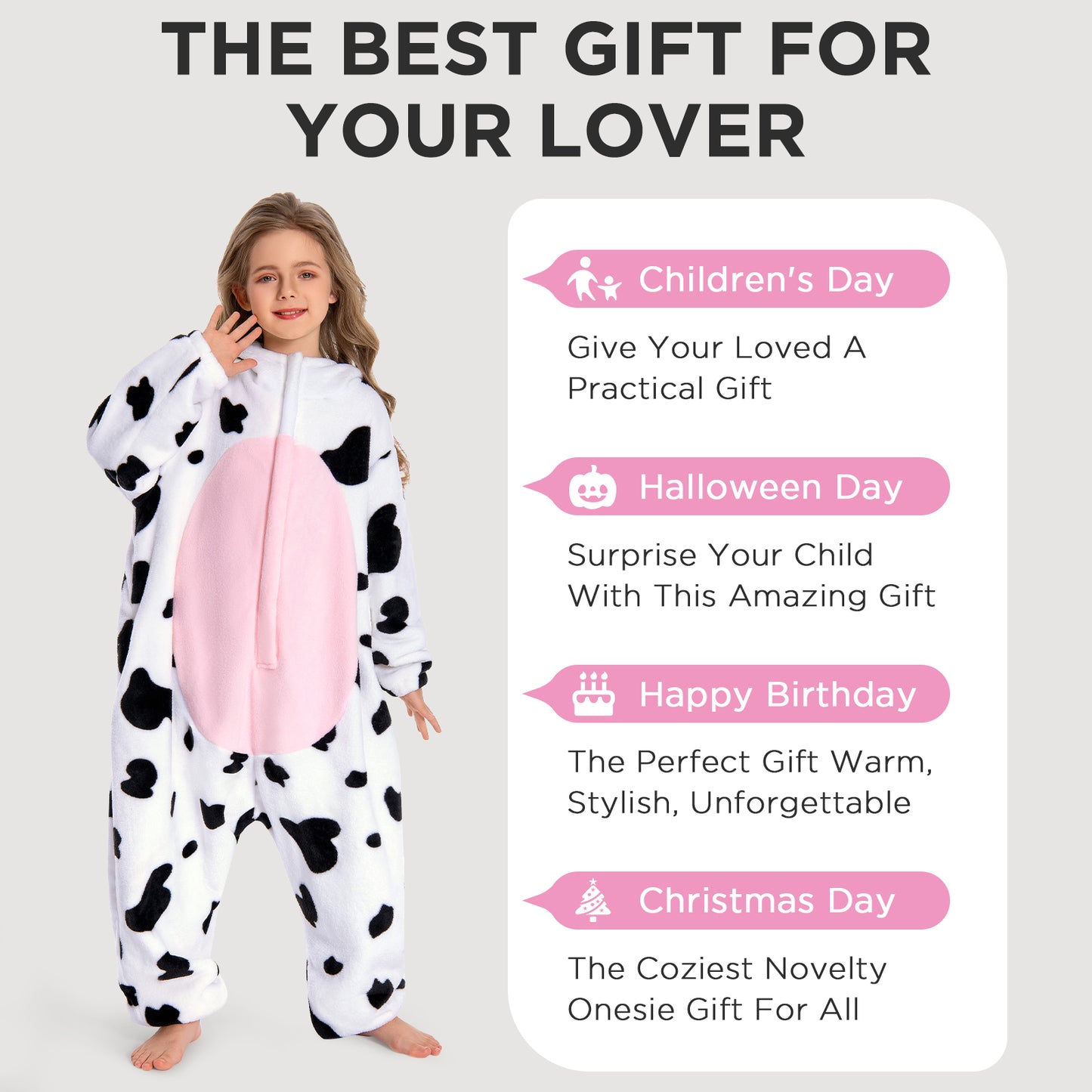 OLAOLA Kids Pink Cow Animal Onesie Plush Soft Flannel Warm Home Pajamas One-Piece Sleepwear