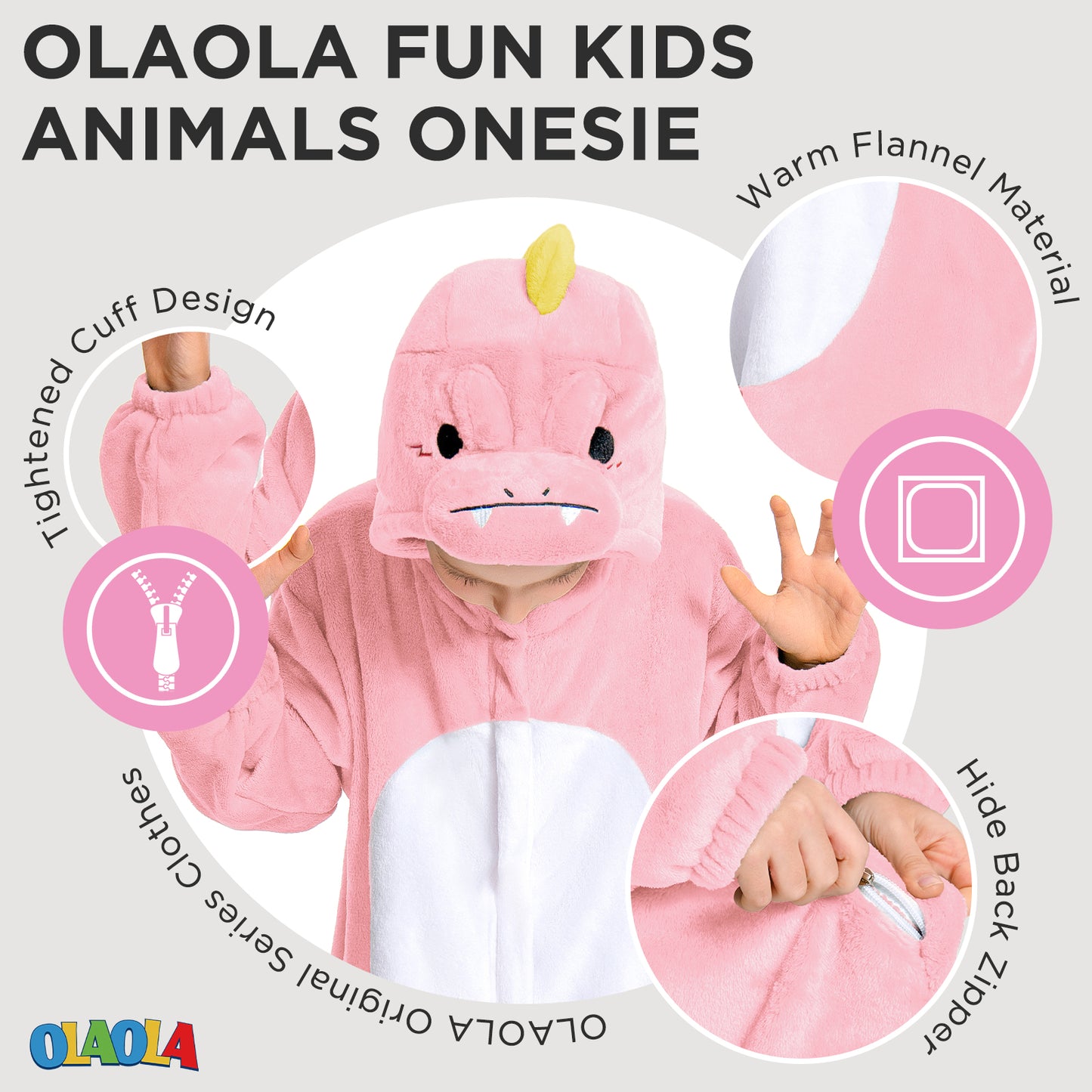 OLAOLA Kids Pink Dinosaur Animal Onesie Plush Soft Flannel Warm Home Pajamas One-Piece Sleepwear