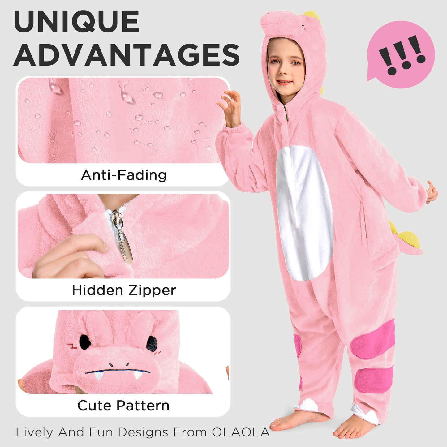 OLAOLA Kids Pink Dinosaur Animal Onesie Plush Soft Flannel Warm Home Pajamas One-Piece Sleepwear