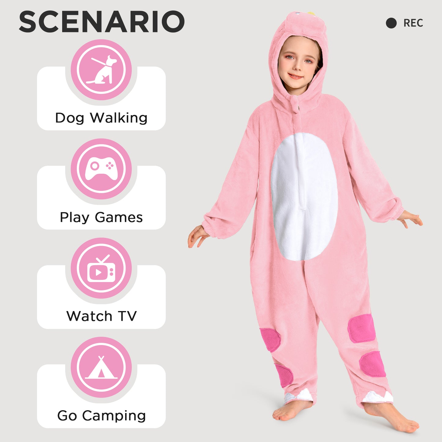 OLAOLA Kids Pink Dinosaur Animal Onesie Plush Soft Flannel Warm Home Pajamas One-Piece Sleepwear