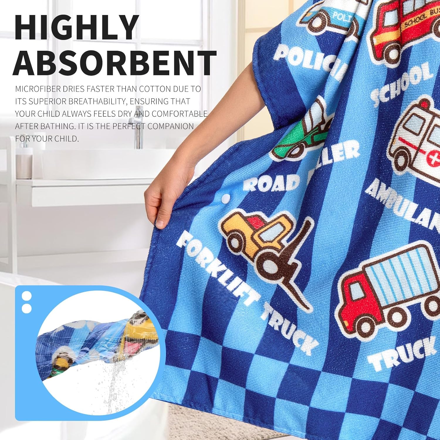 OLAOLA Kids Printed Cars Blue Beach Towels Blanket Plush Soft Absorbent Microfibre Outdoor Homewear