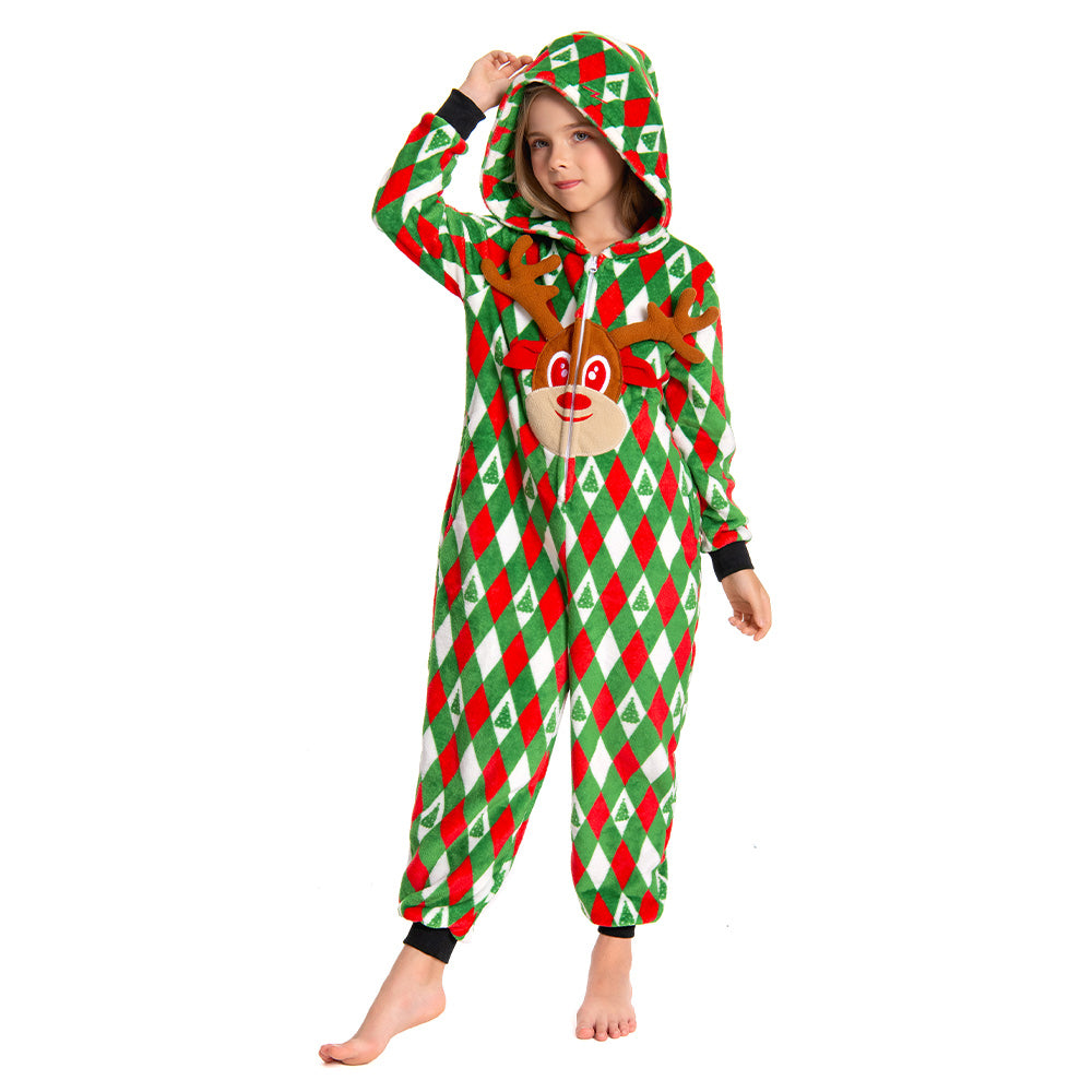 OLAOLA Kids Printed Diamond Elk Flannel Pajamas Plush Animals Onesie Soft Sleepwear Christmas Carnival Suit