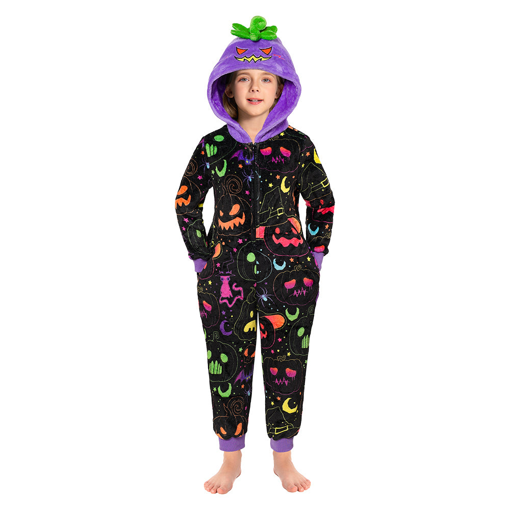 OLAOLA Kids Printed Fluorescent Pumpkin Pajamas Plush Animals Onesie Sleepwear Halloween Party Suit