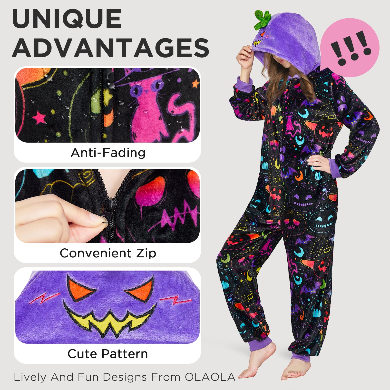 OLAOLA Kids Printed Fluorescent Pumpkin Pajamas Plush Animals Onesie Sleepwear Halloween Party Suit