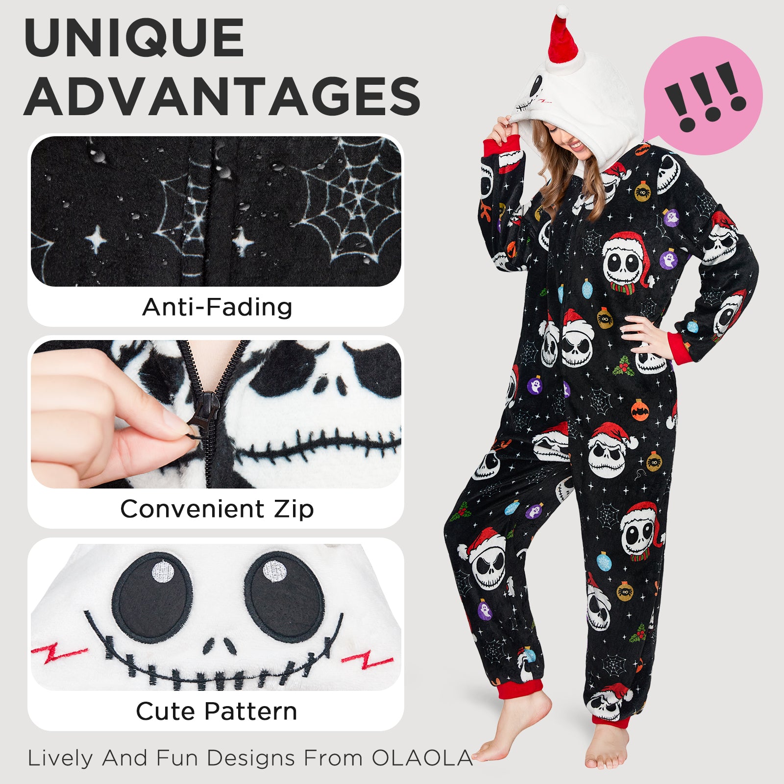 OLAOLA Kids Printed Skeleton Black Pajamas Plush Animals Onesie Sleepwear Halloween Party Suit