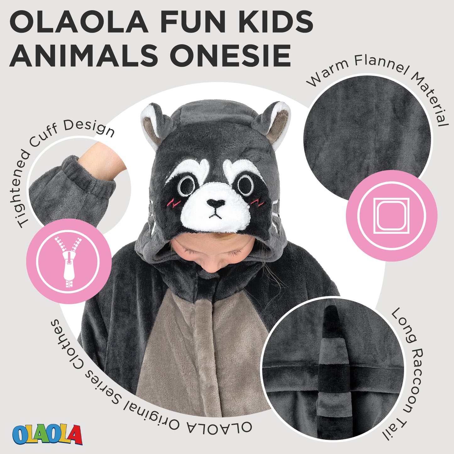 OLAOLA Kids Raccoon Animal Onesie Plush Soft Flannel Warm Home Pajamas One-Piece Sleepwear