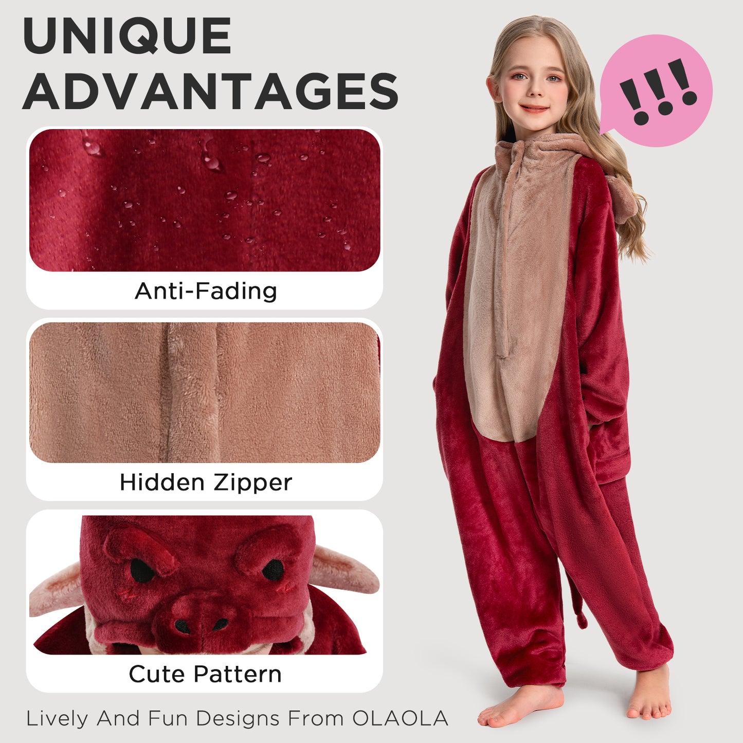 OLAOLA Kids Red Dragon Animal Onesie Plush Soft Flannel Warm Home Pajamas One-Piece Sleepwear