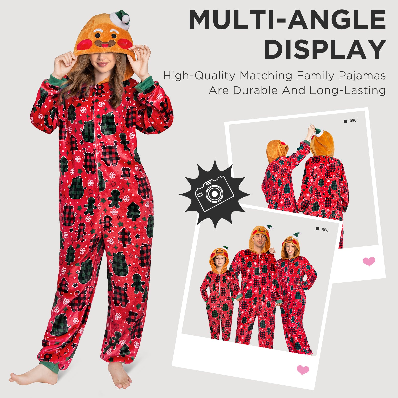 OLAOLA Kids Red Gingerbread Man Printed Pajamas Plush Animals Onesie Sleepwear Christmas Party Suit