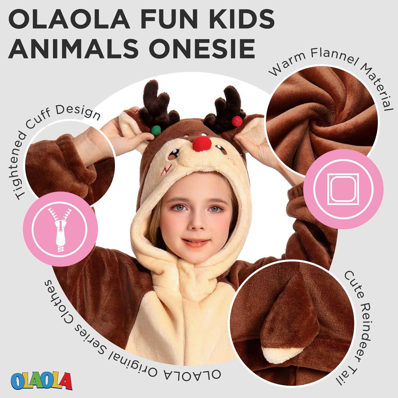 OLAOLA Kids Reindeer Animal Onesie Christmas Plush Soft Flannel Warm Home Pajamas One-Piece Sleepwear