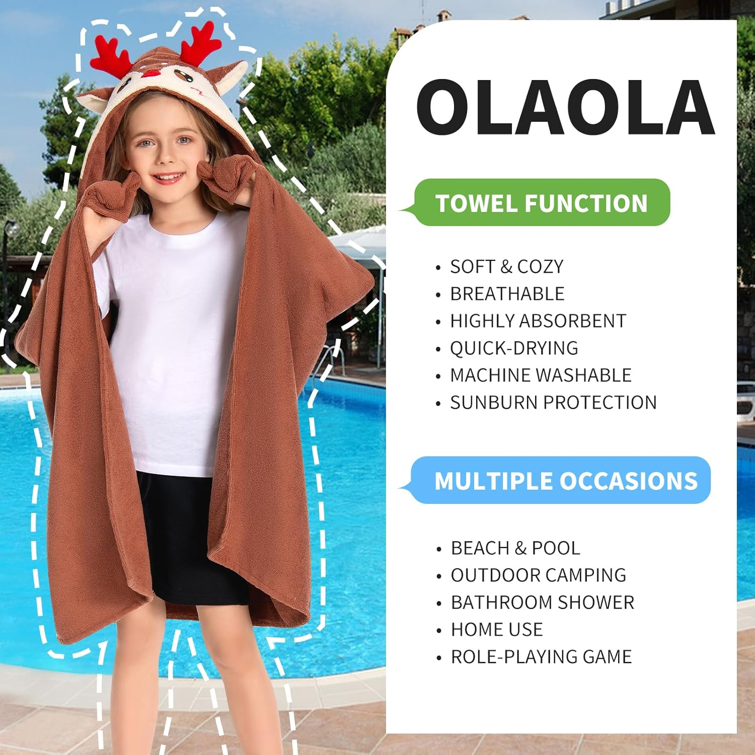 OLAOLA Kids Reindeer Hooded Beach Towels Soft Absorbent Swim Pool Towels Poncho Christmas Deer Animal Onesie