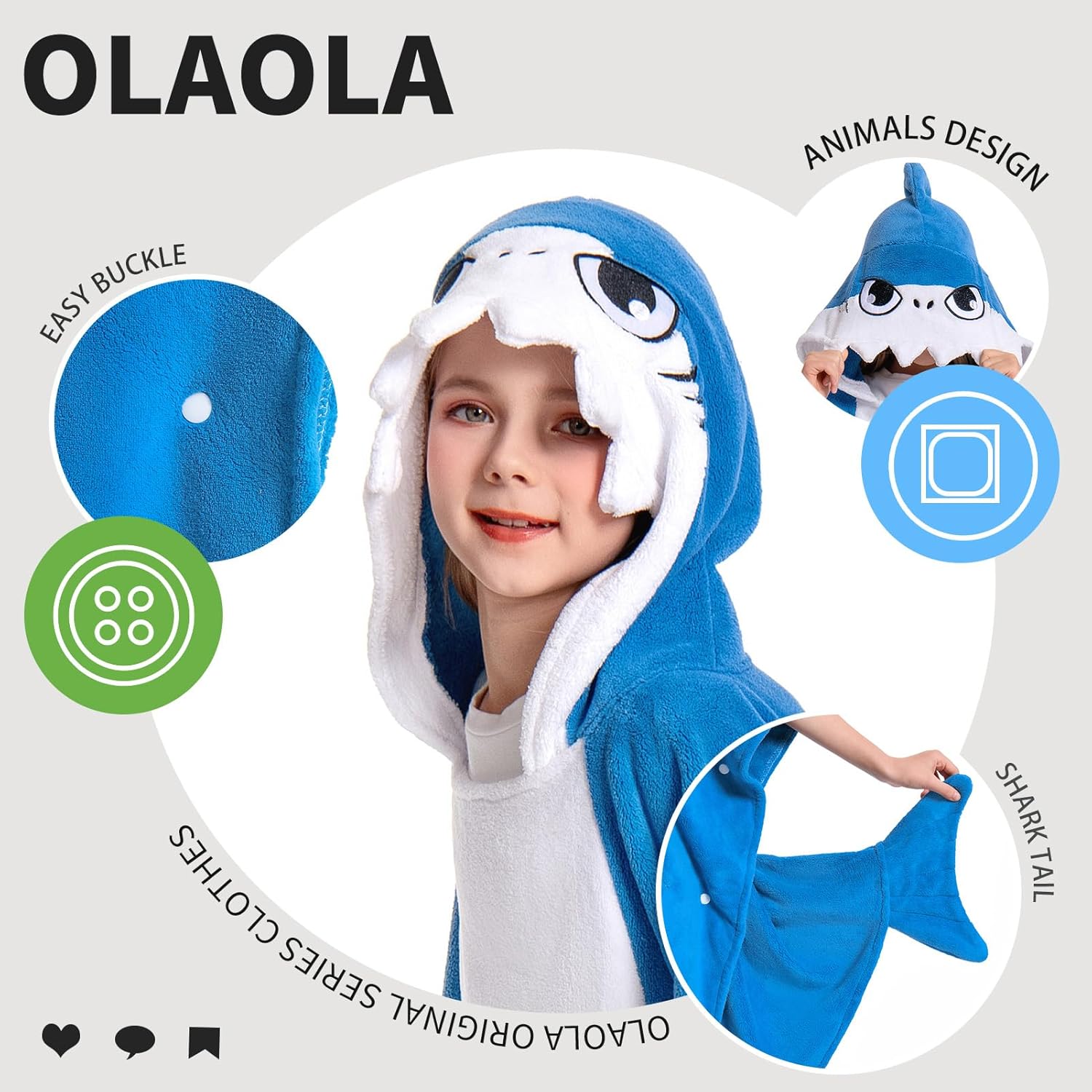 OLAOLA Kids Shark Animal Beach Bath Towels Blanket Plush Soft Coral Fleece Homewear Bath Hooded