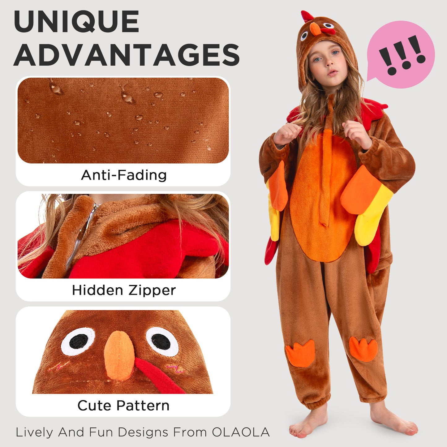 OLAOLA Pyjama une pièce en peluche doux et chaud en flanelle pour enfants Motif dinde