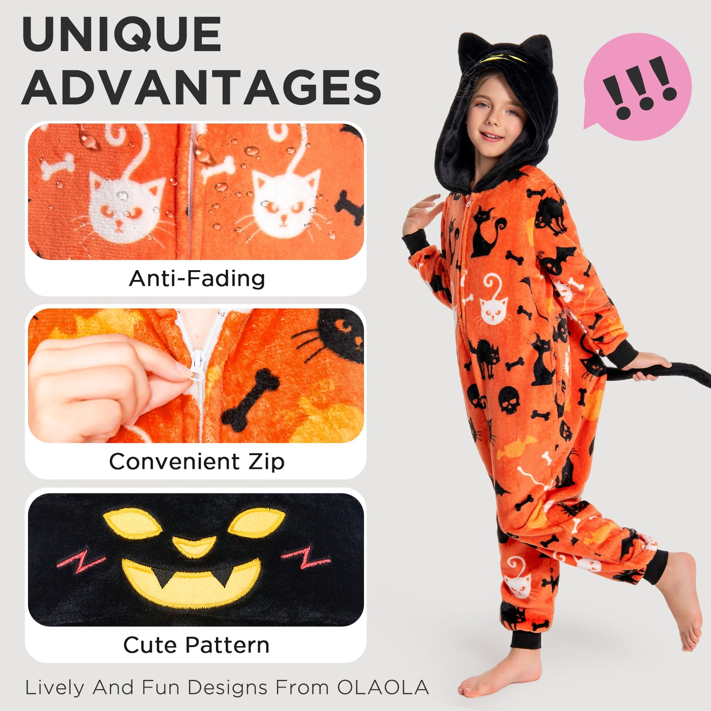 OLAOLA Kids Yellow Printed Cat Pajamas Plush Animals Onesie Soft Sleepwear Halloween Carnival Suit