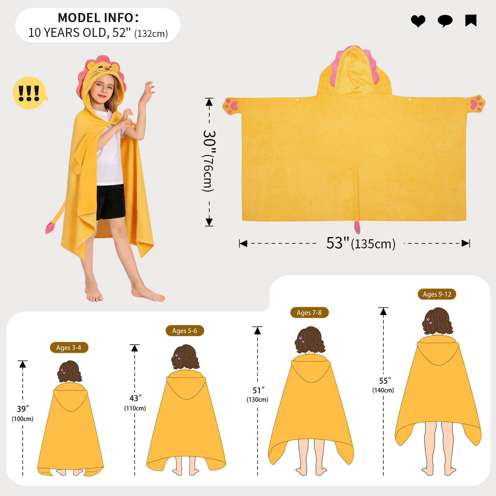 OLAOLA Lion Hooded Towel For Kids Soft Thick Bath Beach Towel Absorbent Toddler Bath Towel Wrap Swim Pool Towels Poncho For 3-12 Years Boys Girls