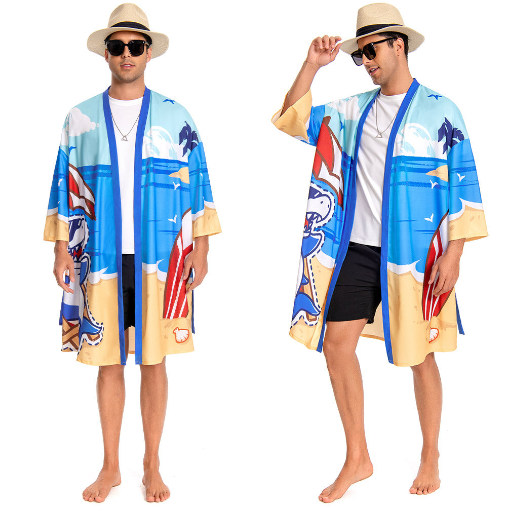 OLAOLA Men Blue Shark Printed Pattern Kimono Robe Bathrobe Beach Smock Lightweight Swim Jacket