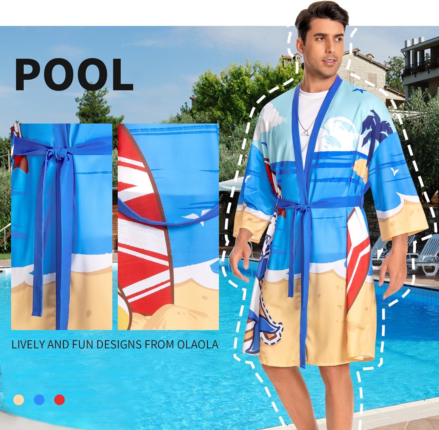 OLAOLA Men Blue Shark Printed Pattern Kimono Robe Bathrobe Beach Smock Lightweight Swim Jacket