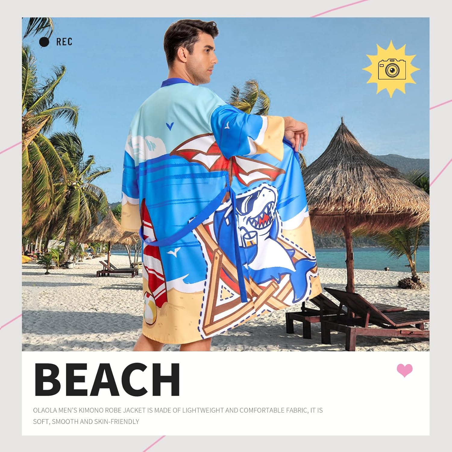 OLAOLA Men Blue Shark Printed Pattern Kimono Robe Bathrobe Beach Smock Lightweight Swim Jacket