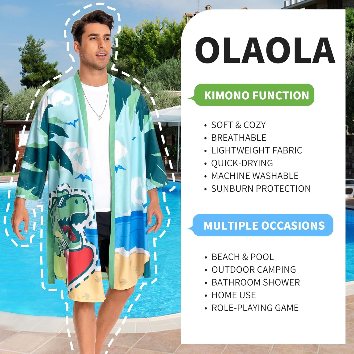 OLAOLA Men Dinosaur Robe Beach Jacket Adult Smock Printed Pattern Animal Onesie Bathrobe Soft Casual Outwear