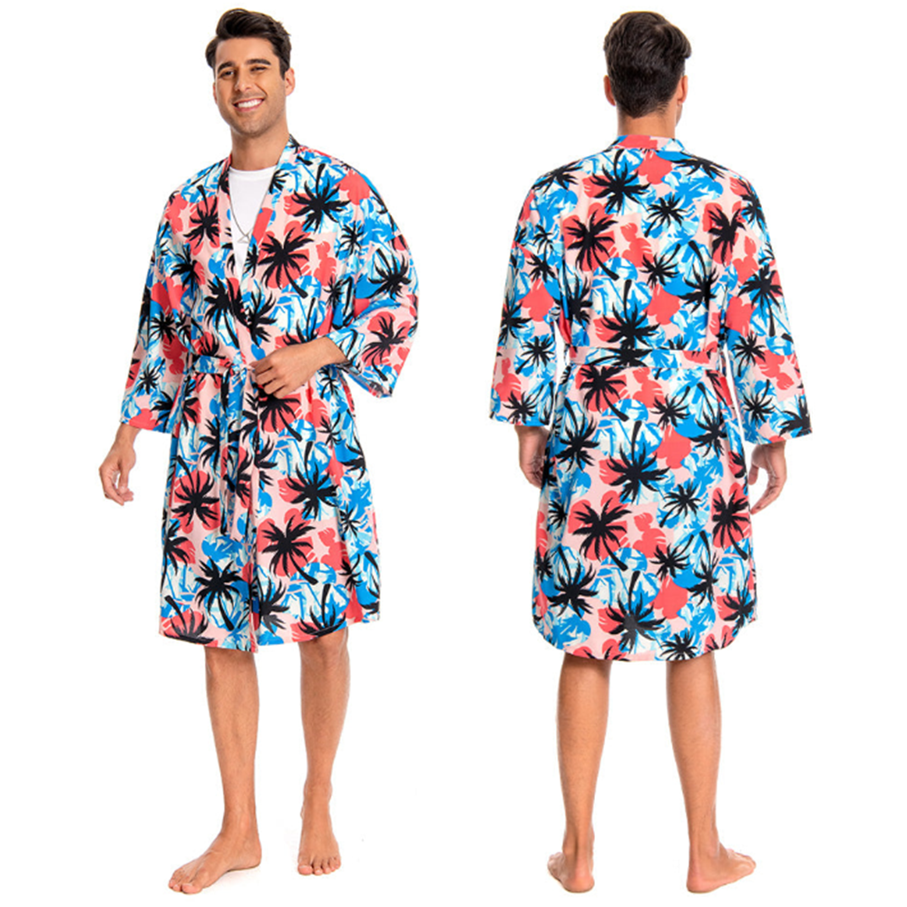 OLAOLA Men Floral Pattern Swim Kimono Robe Printed Bathrobe Beach Smock Cover Up Casual Open Front Long Cardigan