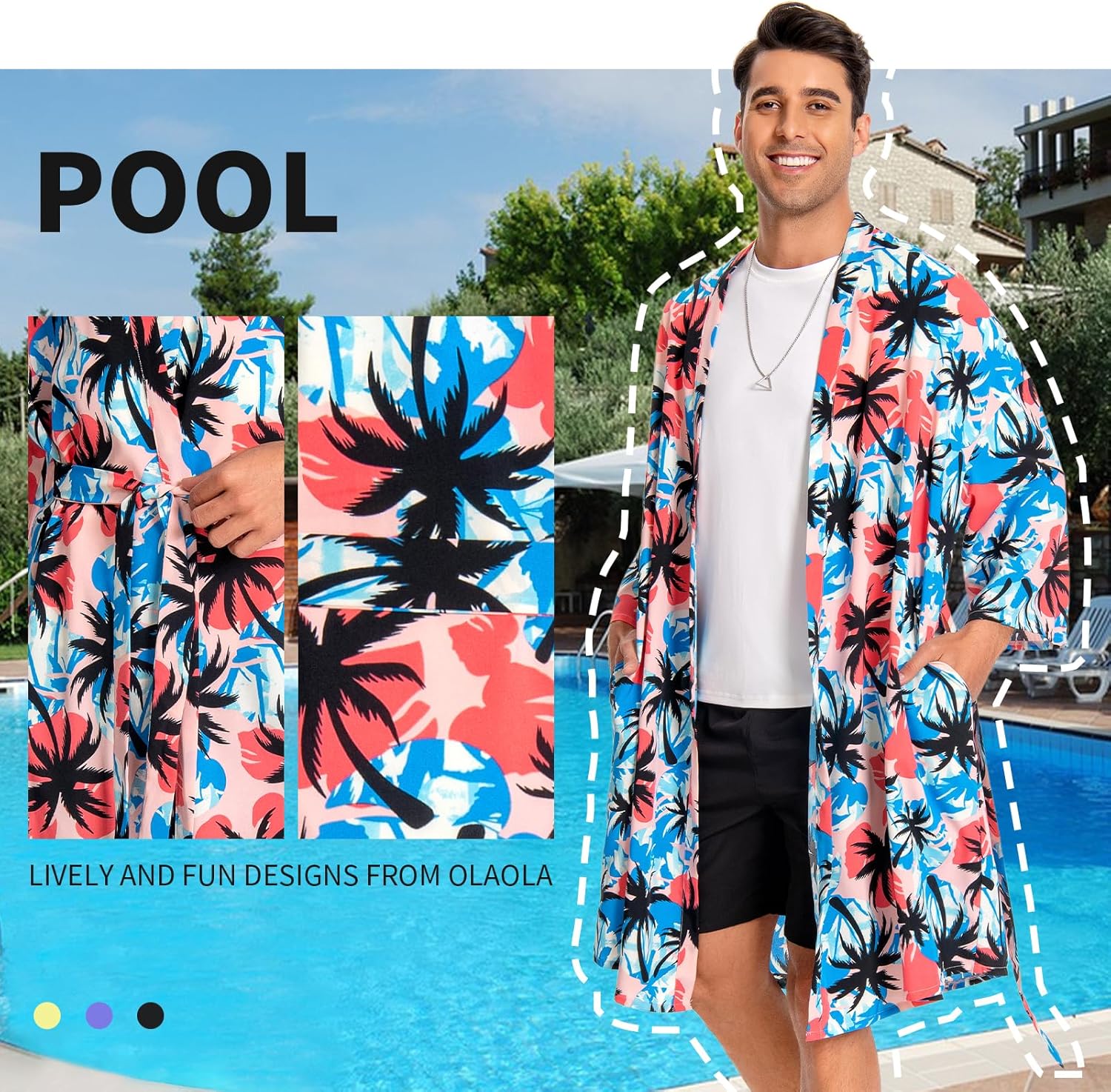 OLAOLA Men Floral Pattern Swim Kimono Robe Printed Bathrobe Beach Smock Cover Up Casual Open Front Long Cardigan
