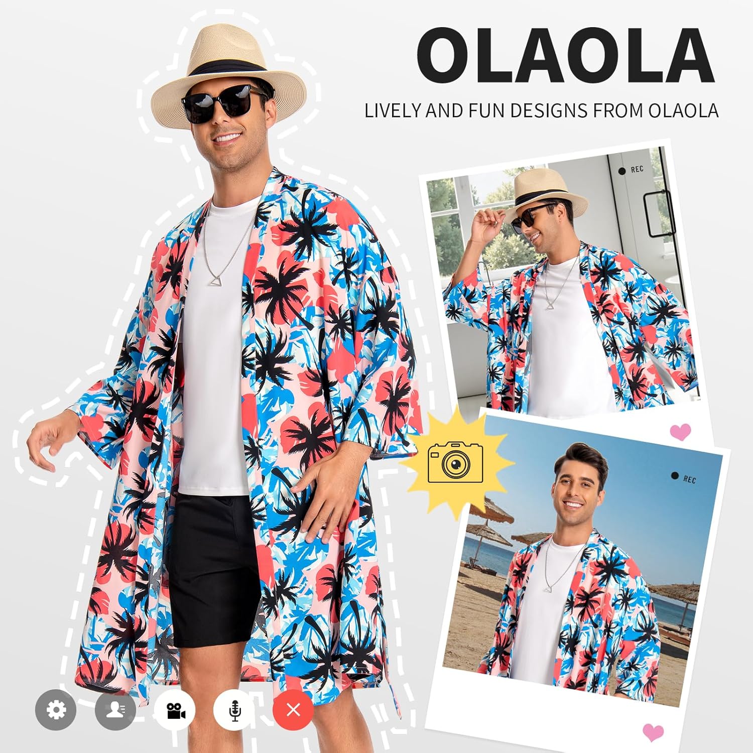 OLAOLA Men Floral Pattern Swim Kimono Robe Printed Bathrobe Beach Smock Cover Up Casual Open Front Long Cardigan