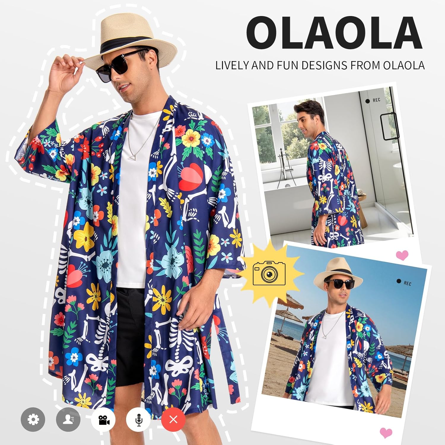 OLAOLA Men Floral Skeleton Kimono Robe Bathrobe Summer Printed Beach Smock Lightweight Open Front Long Cardigan Cloak