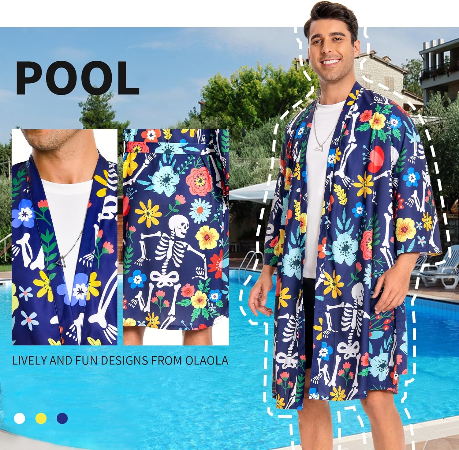 OLAOLA Men Floral Skeleton Kimono Robe Bathrobe Summer Printed Beach Smock Lightweight Open Front Long Cardigan Cloak