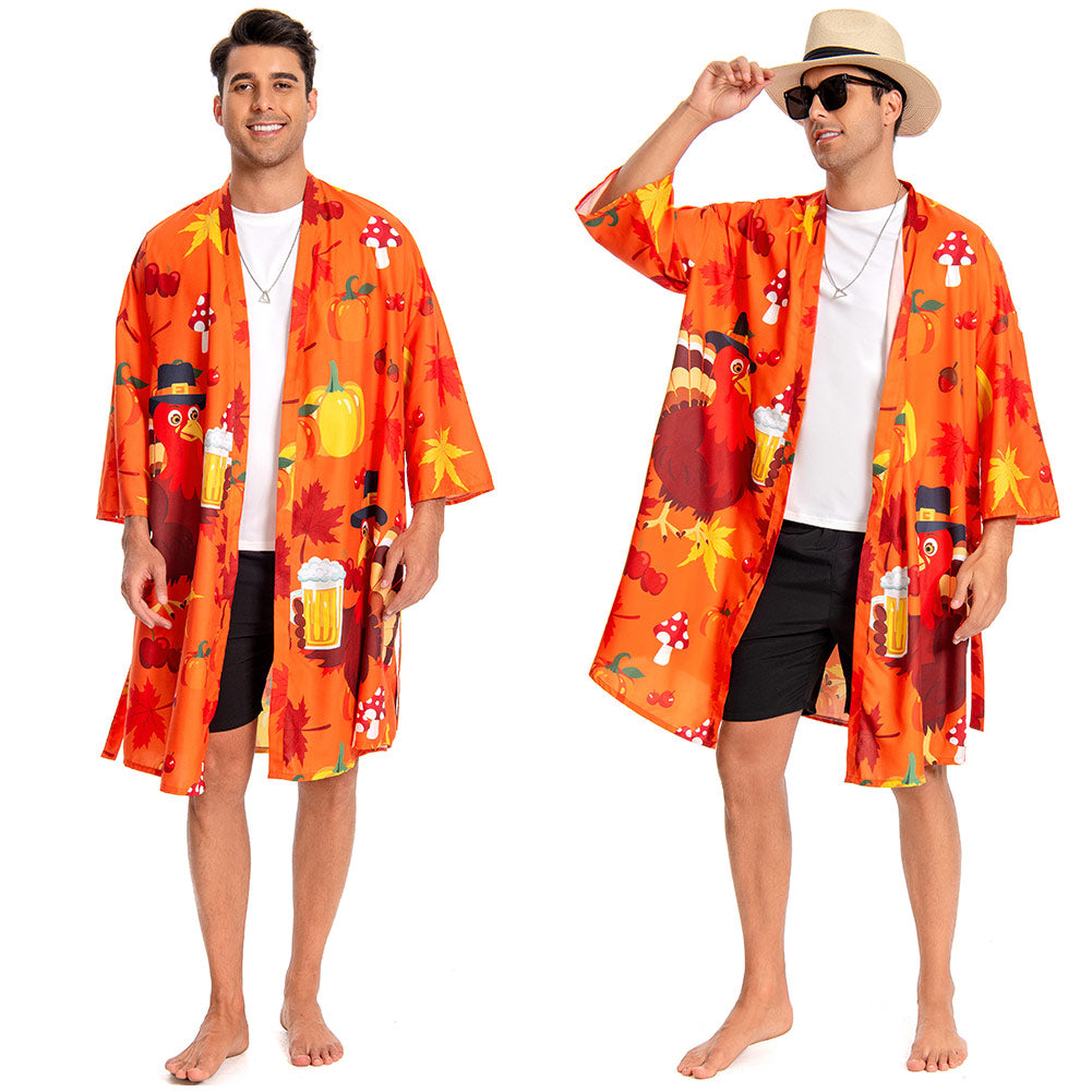 OLAOLA Men Turkey Kimono Robe Bathrobe Summer Printed Beach Smock Lightweight Outwear Open Front Long Cardigan Cloak
