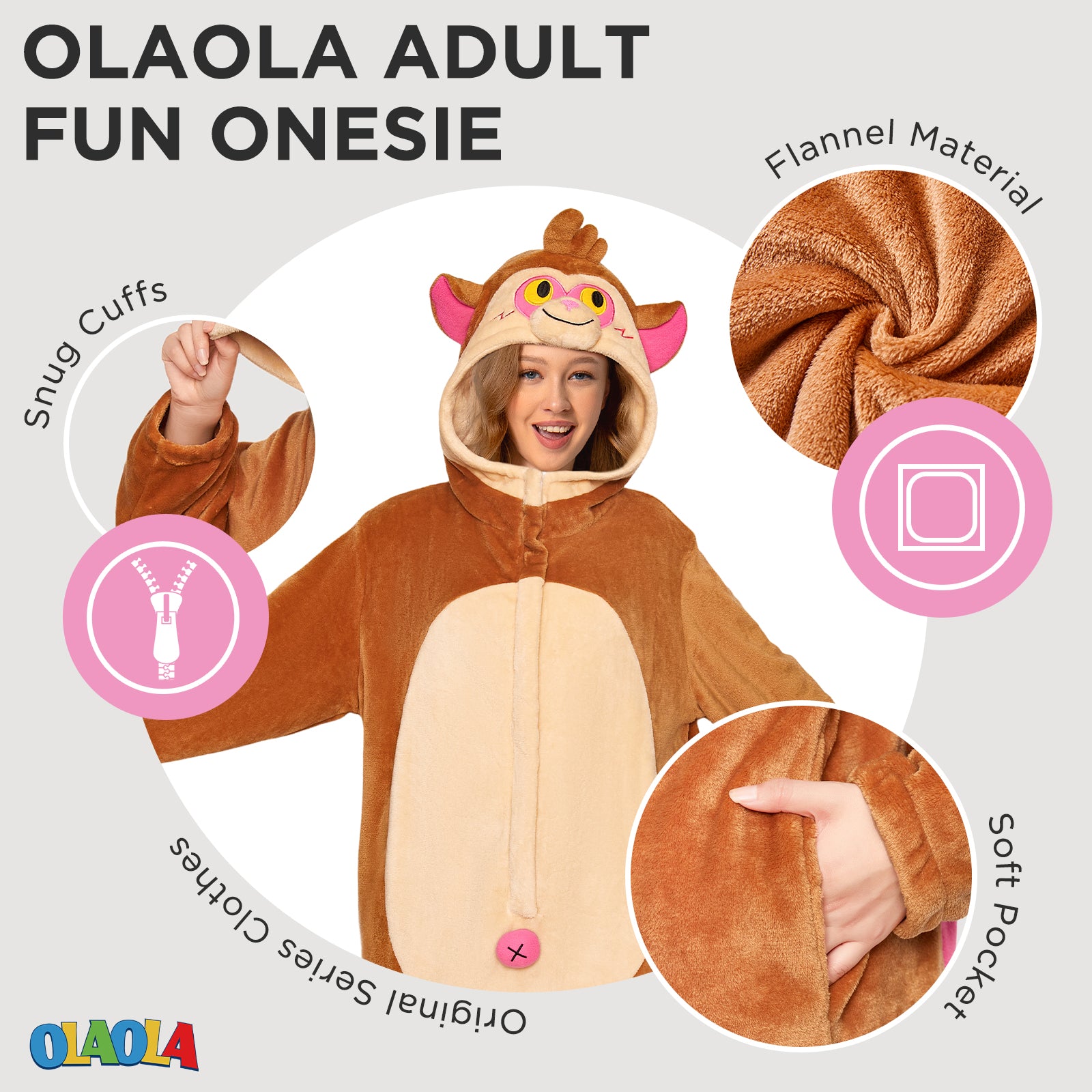 OLAOLA Monkey Pyjamas Unisex Adult Plush Animals Onesie Halloween Pajamas Warm Home One-Piece Sleepwear