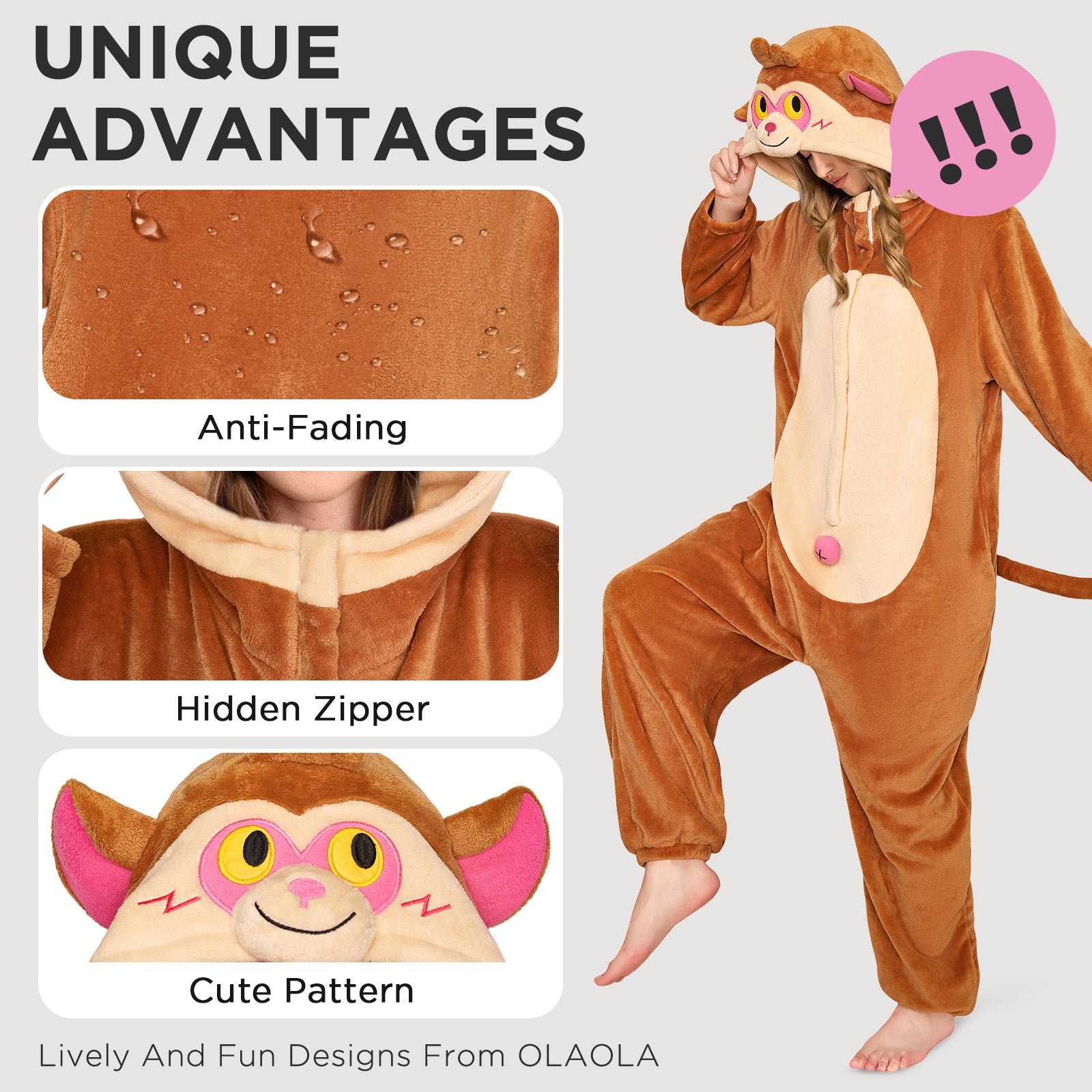 OLAOLA Monkey Pyjamas Unisex Adult Plush Animals Onesie Halloween Pajamas Warm Home One-Piece Sleepwear