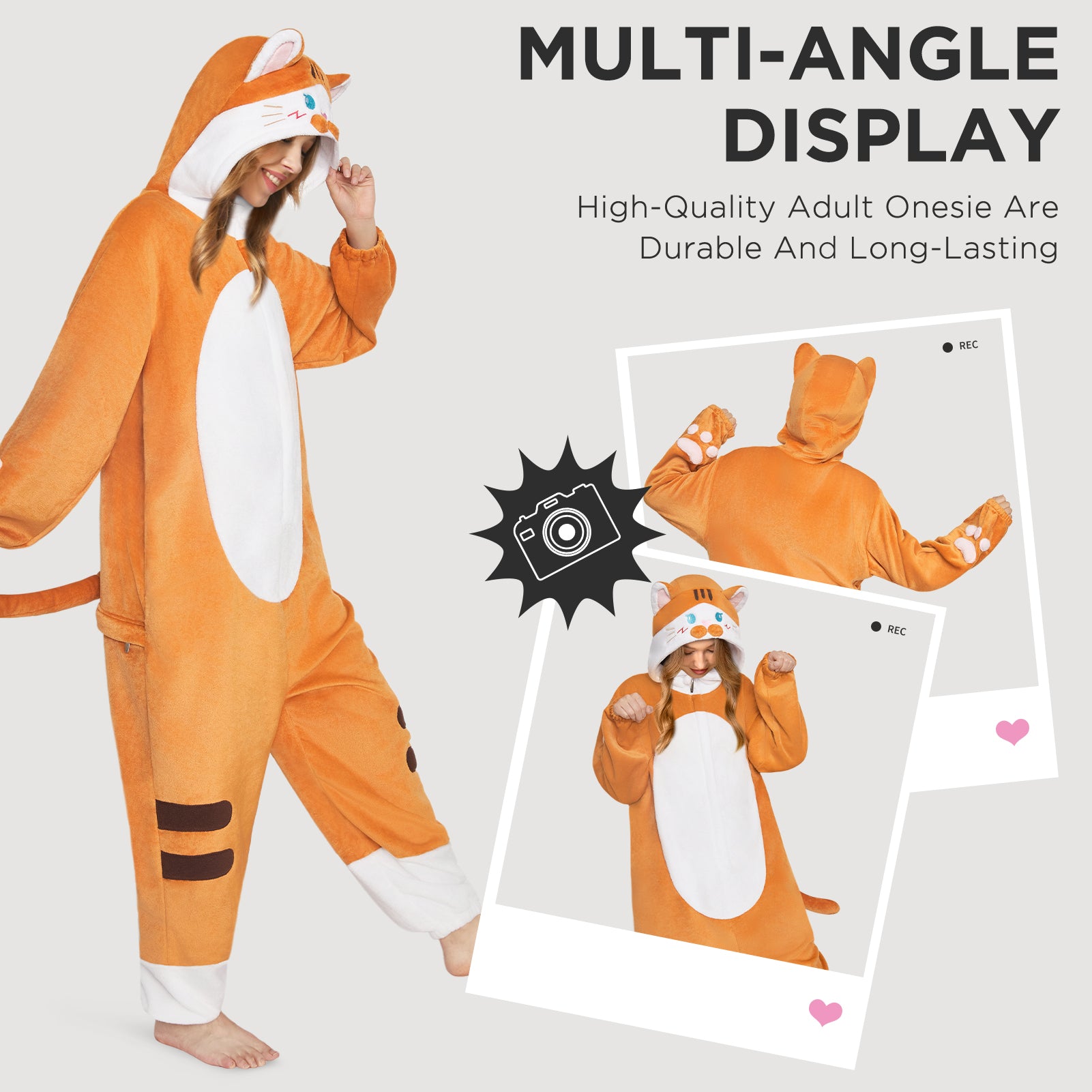 OLAOLA Orange Cat Animal Onesie Flannel Kitty Pajamas Plush Warm Home One Piece For Adult Unisex Halloween Costume