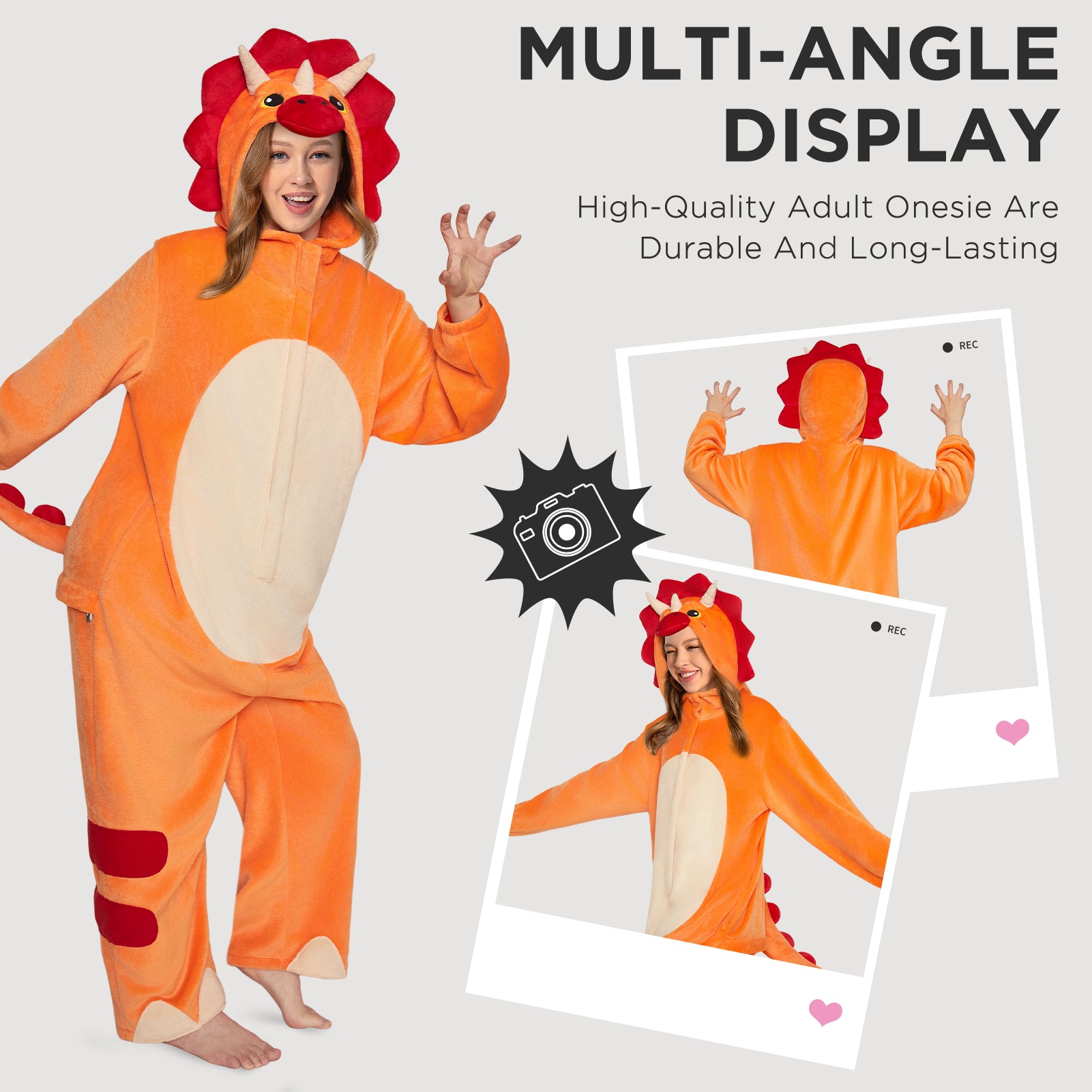 OLAOLA Orange Triceratops Pajamas Dinosaur Animals Onesie Plush Warm Home One Piece Adult Halloween Costume