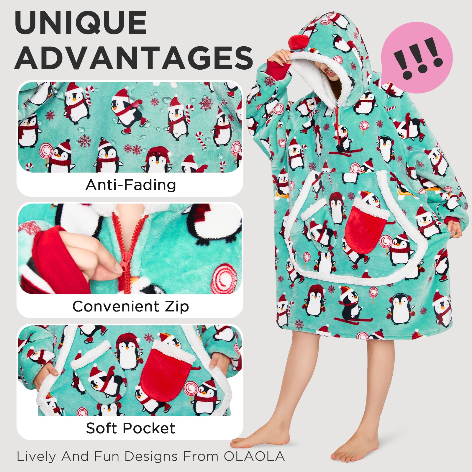 OLAOLA Penguin Blue Wearable Blanket Hoodie Animals Onesie Oversized Soft Homwear With Giant Pocket For Adult